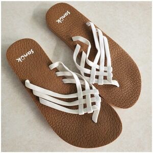 New Sanuk Yoga Sandal White Brown Yoga Mat Strappy Flip Flops Casual Sz 7